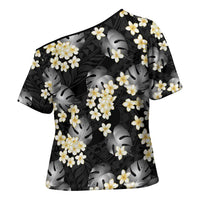 Black Tropical Hawaii Cross Shoulder Shirt Seamless Monstera Plumeria Hawaiian Pattern LT14 - Polynesian Pride