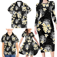 Black Tropical Hawaii Family Matching Long Sleeve Bodycon Dress and Hawaiian Shirt Seamless Monstera Plumeria Hawaiian Pattern - Polynesian Pride