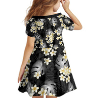 Black Tropical Hawaii Kid Short Sleeve Dress Seamless Monstera Plumeria Hawaiian Pattern - Polynesian Pride