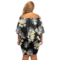 Black Tropical Hawaii Off Shoulder Short Dress Seamless Monstera Plumeria Hawaiian Pattern - Polynesian Pride