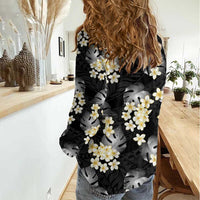 Black Tropical Hawaii Women Casual Shirt Seamless Monstera Plumeria Hawaiian Pattern - Polynesian Pride
