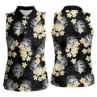 Black Tropical Hawaii Women Sleeveless Polo Shirt Seamless Monstera Plumeria Hawaiian Pattern - Polynesian Pride