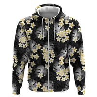 Black Tropical Hawaii Zip Hoodie Seamless Monstera Plumeria Hawaiian Pattern - Polynesian Pride