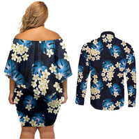 Blue Tropical Hawaii Couples Matching Off Shoulder Short Dress and Long Sleeve Button Shirt Seamless Monstera Plumeria Hawaiian Pattern - Polynesian Pride