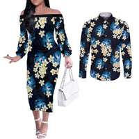 Blue Tropical Hawaii Couples Matching Off The Shoulder Long Sleeve Dress and Long Sleeve Button Shirt Seamless Monstera Plumeria Hawaiian Pattern - Polynesian Pride