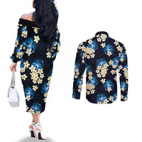 Blue Tropical Hawaii Couples Matching Off The Shoulder Long Sleeve Dress and Long Sleeve Button Shirt Seamless Monstera Plumeria Hawaiian Pattern - Polynesian Pride