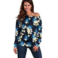 Blue Tropical Hawaii Off Shoulder Sweater Seamless Monstera Plumeria Hawaiian Pattern - Polynesian Pride
