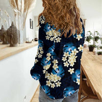 Blue Tropical Hawaii Women Casual Shirt Seamless Monstera Plumeria Hawaiian Pattern - Polynesian Pride