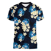 Blue Tropical Hawaii Women V-Neck T-Shirt Seamless Monstera Plumeria Hawaiian Pattern - Polynesian Pride