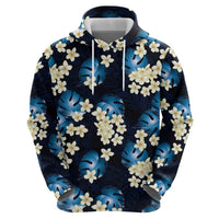 Blue Tropical Hawaii Zip Hoodie Seamless Monstera Plumeria Hawaiian Pattern - Polynesian Pride
