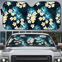 Dark Cyan Tropical Hawaii Auto Sun Shade Seamless Monstera Plumeria Hawaiian Pattern - Polynesian Pride