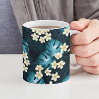 Dark Cyan Tropical Hawaii Ceramic Mug Seamless Monstera Plumeria Hawaiian Pattern - Polynesian Pride