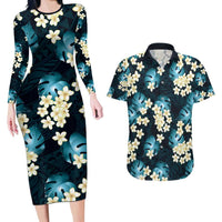 Dark Cyan Tropical Hawaii Couples Matching Long Sleeve Bodycon Dress and Hawaiian Shirt Seamless Monstera Plumeria Hawaiian Pattern - Polynesian Pride