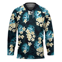 Dark Cyan Tropical Hawaii Hockey Jersey Seamless Monstera Plumeria Hawaiian Pattern - Polynesian Pride