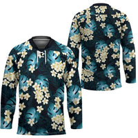 Dark Cyan Tropical Hawaii Hockey Jersey Seamless Monstera Plumeria Hawaiian Pattern - Polynesian Pride