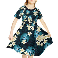 Dark Cyan Tropical Hawaii Kid Short Sleeve Dress Seamless Monstera Plumeria Hawaiian Pattern - Polynesian Pride