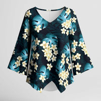 Dark Cyan Tropical Hawaii Kimono Sleeve Blouse Seamless Monstera Plumeria Hawaiian Pattern - Polynesian Pride