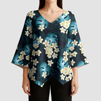 Dark Cyan Tropical Hawaii Kimono Sleeve Blouse Seamless Monstera Plumeria Hawaiian Pattern - Polynesian Pride