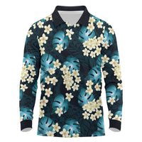 Dark Cyan Tropical Hawaii Long Sleeve Polo Shirt Seamless Monstera Plumeria Hawaiian Pattern - Polynesian Pride