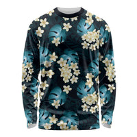 Dark Cyan Tropical Hawaii Long Sleeve Shirt Seamless Monstera Plumeria Hawaiian Pattern - Polynesian Pride