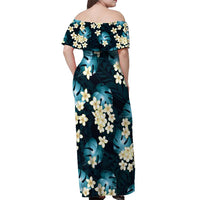 Dark Cyan Tropical Hawaii Off Shoulder Maxi Dress Seamless Monstera Plumeria Hawaiian Pattern - Polynesian Pride