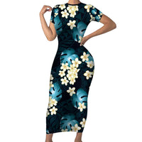 Dark Cyan Tropical Hawaii Short Sleeve Bodycon Dress Seamless Monstera Plumeria Hawaiian Pattern - Polynesian Pride