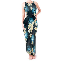 Dark Cyan Tropical Hawaii Tank Maxi Dress Seamless Monstera Plumeria Hawaiian Pattern - Polynesian Pride