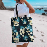 Dark Cyan Tropical Hawaii Tote Bag Seamless Monstera Plumeria Hawaiian Pattern - Polynesian Pride