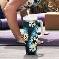 Dark Cyan Tropical Hawaii Tumbler With Handle Seamless Monstera Plumeria Hawaiian Pattern - Polynesian Pride