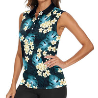 Dark Cyan Tropical Hawaii Women Sleeveless Polo Shirt Seamless Monstera Plumeria Hawaiian Pattern - Polynesian Pride