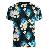 Dark Cyan Tropical Hawaii Women V-Neck T-Shirt Seamless Monstera Plumeria Hawaiian Pattern - Polynesian Pride