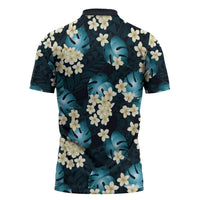 Dark Cyan Tropical Hawaii Zipper Polo Shirt Seamless Monstera Plumeria Hawaiian Pattern - Polynesian Pride