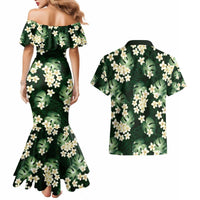 Green Tropical Hawaii Couples Matching Mermaid Dress and Hawaiian Shirt Seamless Monstera Plumeria Hawaiian Pattern - Polynesian Pride
