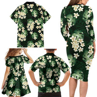Green Tropical Hawaii Family Matching Long Sleeve Bodycon Dress and Hawaiian Shirt Seamless Monstera Plumeria Hawaiian Pattern - Polynesian Pride