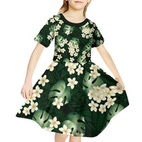 Green Tropical Hawaii Kid Short Sleeve Dress Seamless Monstera Plumeria Hawaiian Pattern - Polynesian Pride