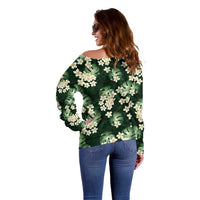 Green Tropical Hawaii Off Shoulder Sweater Seamless Monstera Plumeria Hawaiian Pattern - Polynesian Pride