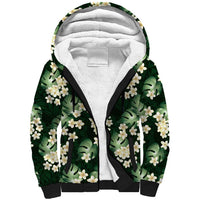 Green Tropical Hawaii Sherpa Hoodie Seamless Monstera Plumeria Hawaiian Pattern - Polynesian Pride