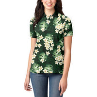 Green Tropical Hawaii Women Polo Shirt Seamless Monstera Plumeria Hawaiian Pattern - Polynesian Pride