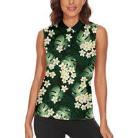 Green Tropical Hawaii Women Sleeveless Polo Shirt Seamless Monstera Plumeria Hawaiian Pattern - Polynesian Pride
