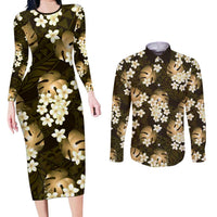Gold Tropical Hawaii Couples Matching Long Sleeve Bodycon Dress and Long Sleeve Button Shirt Seamless Monstera Plumeria Hawaiian Pattern - Polynesian Pride