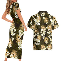 Gold Tropical Hawaii Couples Matching Short Sleeve Bodycon Dress and Hawaiian Shirt Seamless Monstera Plumeria Hawaiian Pattern - Polynesian Pride