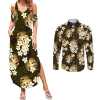 Gold Tropical Hawaii Couples Matching Summer Maxi Dress and Long Sleeve Button Shirt Seamless Monstera Plumeria Hawaiian Pattern - Polynesian Pride