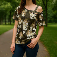 Gold Tropical Hawaii Cross Shoulder Shirt Seamless Monstera Plumeria Hawaiian Pattern - Polynesian Pride
