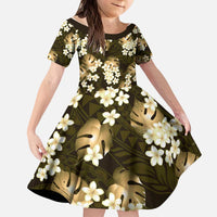 Gold Tropical Hawaii Kid Short Sleeve Dress Seamless Monstera Plumeria Hawaiian Pattern - Polynesian Pride
