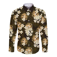 Gold Tropical Hawaii Long Sleeve Button Shirt Seamless Monstera Plumeria Hawaiian Pattern LT14 Unisex Gold - Polynesian Pride