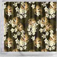 Gold Tropical Hawaii Shower Curtain Seamless Monstera Plumeria Hawaiian Pattern - Polynesian Pride