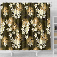 Gold Tropical Hawaii Shower Curtain Seamless Monstera Plumeria Hawaiian Pattern - Polynesian Pride