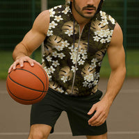 Gold Tropical Hawaii Sleeveless Zip Hoodie Seamless Monstera Plumeria Hawaiian Pattern - Polynesian Pride