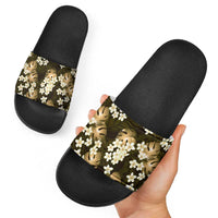 Gold Tropical Hawaii Slide Sandals Seamless Monstera Plumeria Hawaiian Pattern - Polynesian Pride