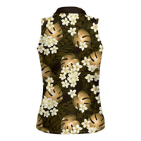 Gold Tropical Hawaii Women Sleeveless Polo Shirt Seamless Monstera Plumeria Hawaiian Pattern - Polynesian Pride